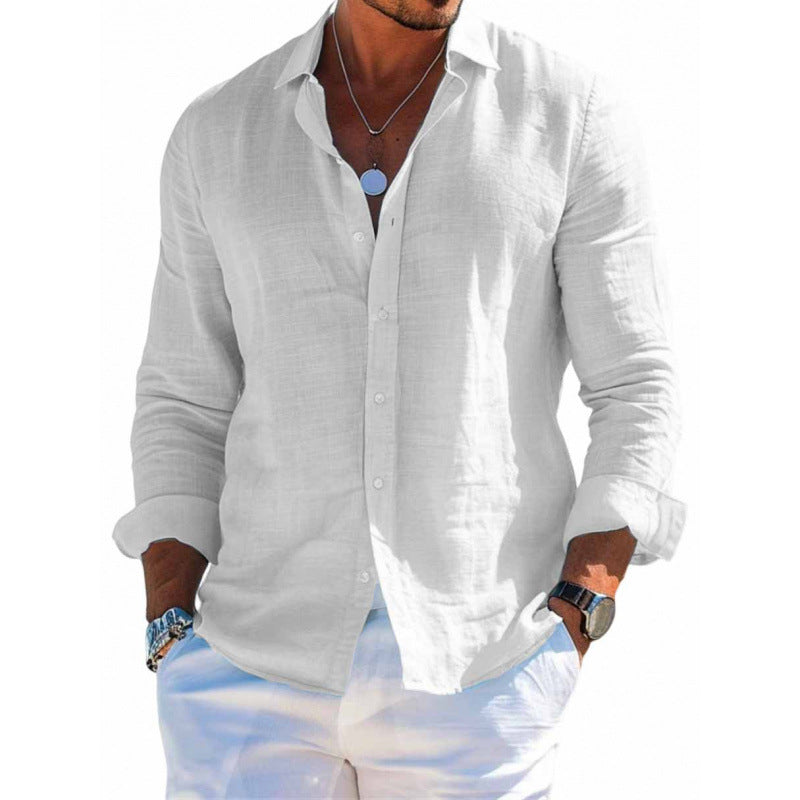 Men's Cotton and Linen Casual Solid Color Lapel Shirt