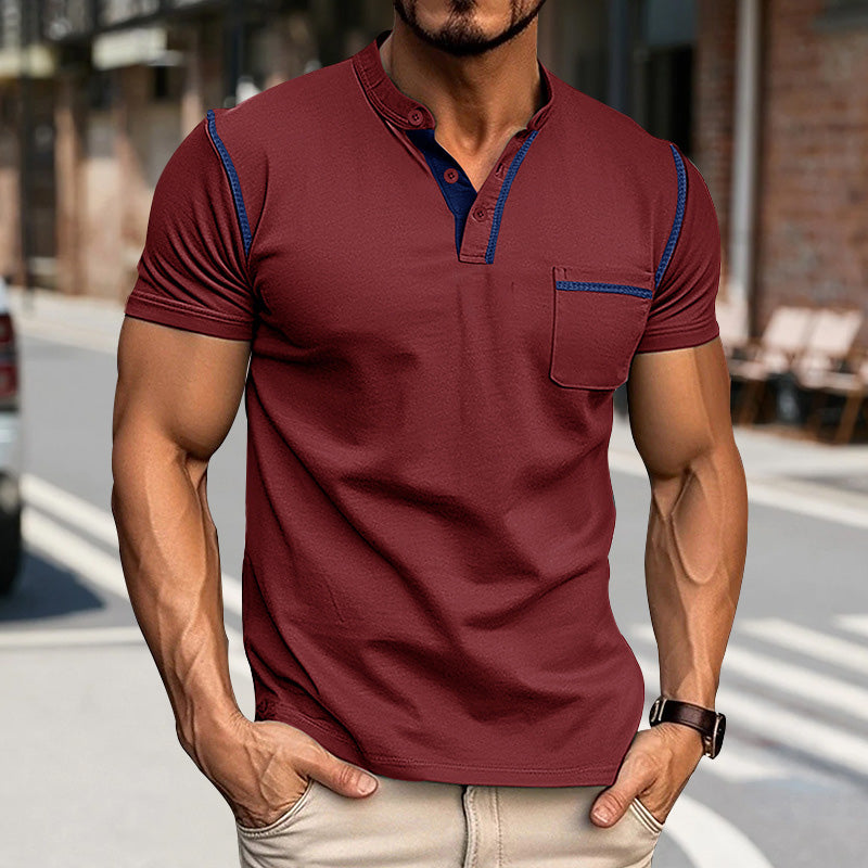 Men's Casual Colorblock Henley Collar Short Sleeve T-Shirt