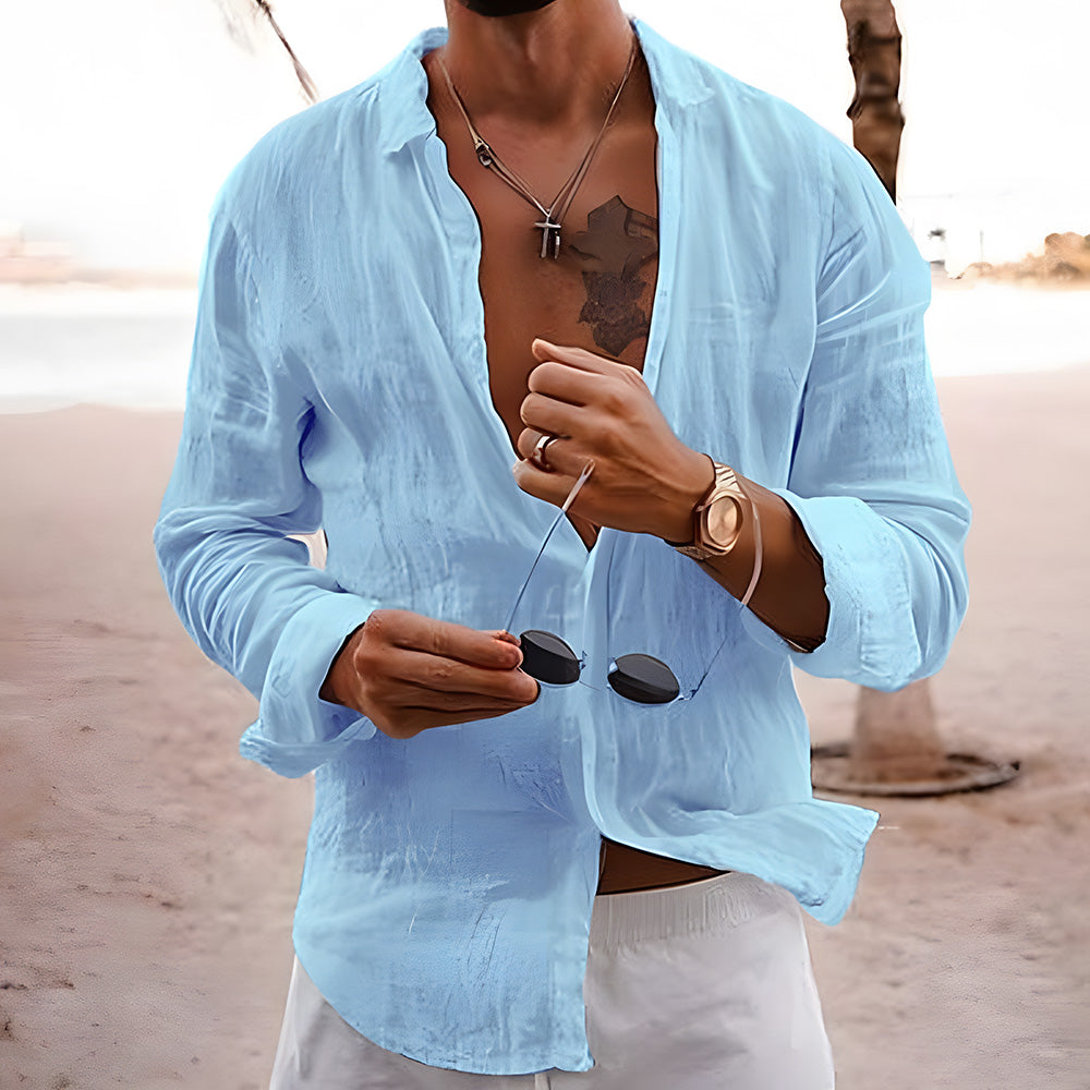 Men's Casual Solid Color Lapel Cotton Linen Long-Sleeve Shirt