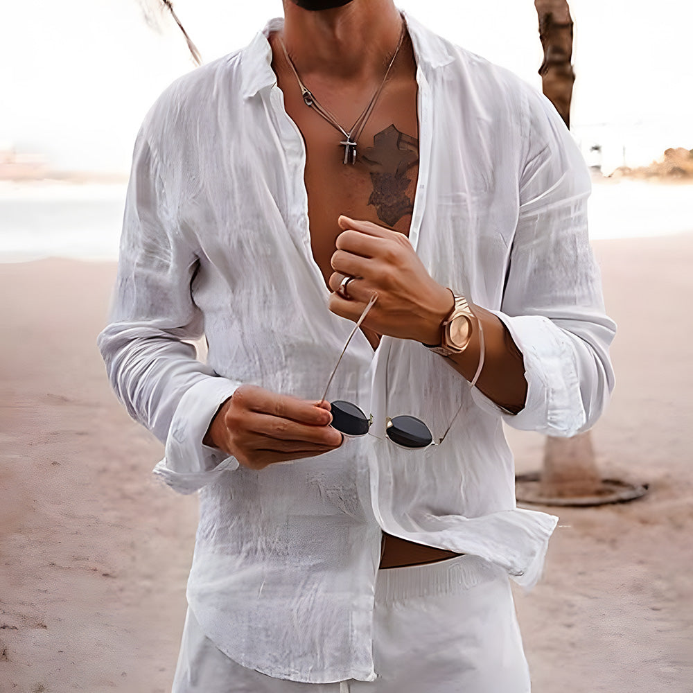 Men's Casual Solid Color Lapel Cotton Linen Long-Sleeve Shirt