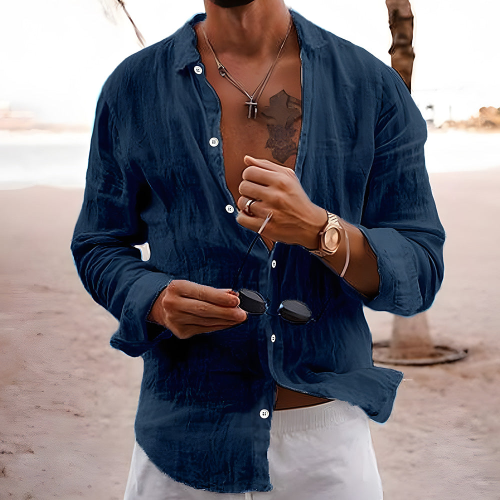 Men's Casual Solid Color Lapel Cotton Linen Long-Sleeve Shirt
