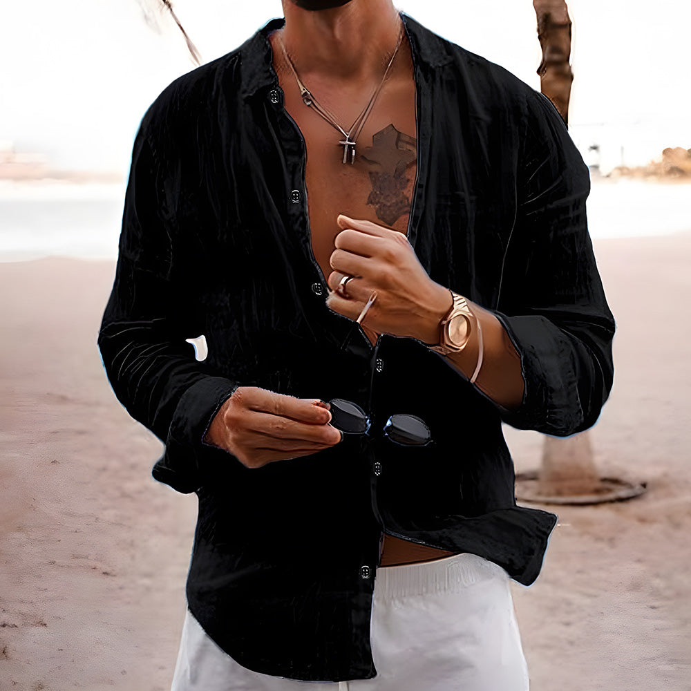 Men's Casual Solid Color Lapel Cotton Linen Long-Sleeve Shirt