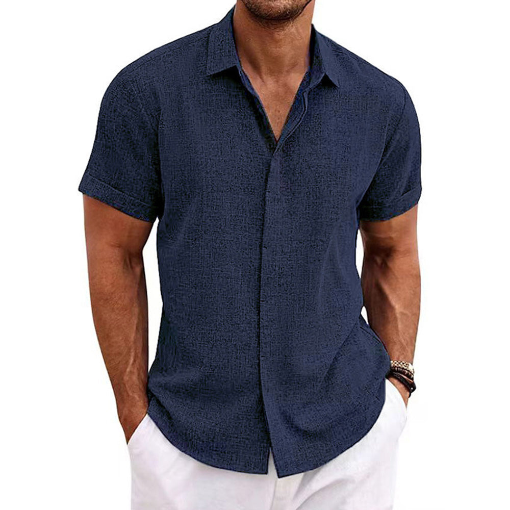 Men's Solid Color Lapel Cotton Linen Short Sleeve Shirt