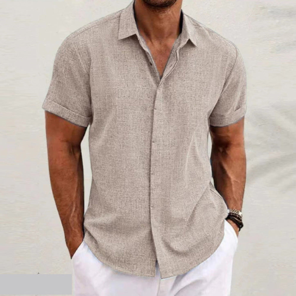 Men's Solid Color Lapel Cotton Linen Short Sleeve Shirt