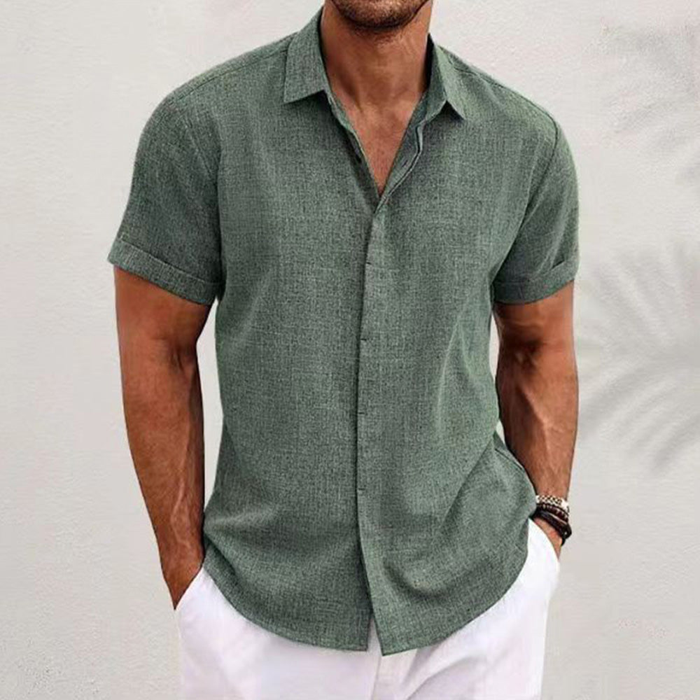 Men's Solid Color Lapel Cotton Linen Short Sleeve Shirt