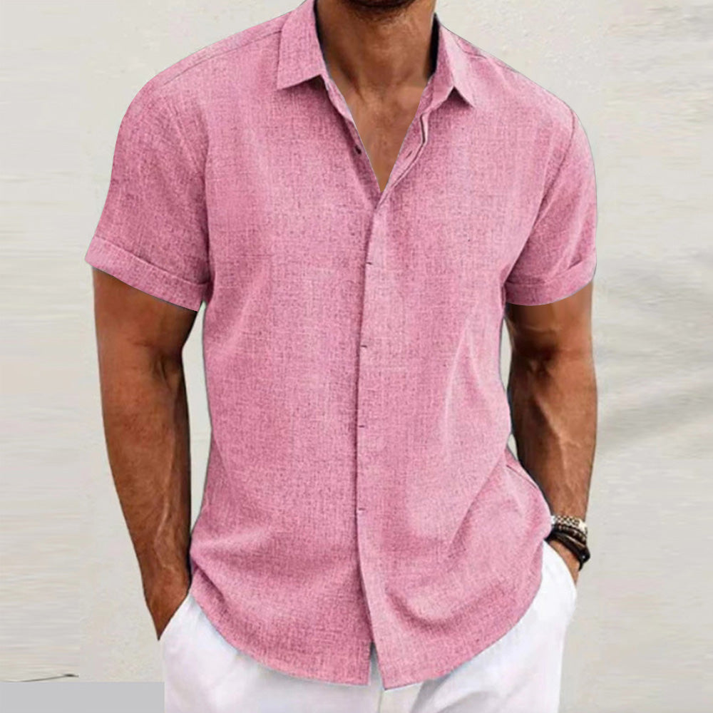 Men's Solid Color Lapel Cotton Linen Short Sleeve Shirt