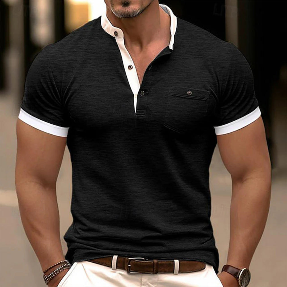 Men's Slim Fit Short Sleeve Henley T-Shirt with Patch Pocket and Colorblock Design